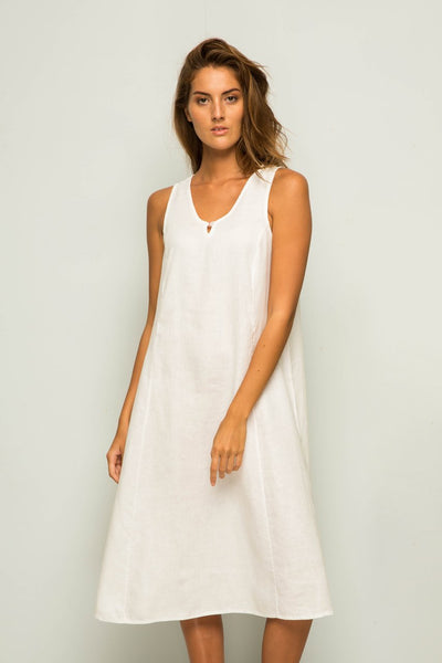 Linen Princess Cut Midi Dress White