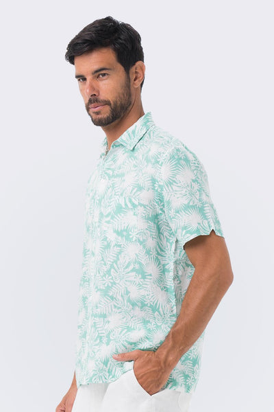 Maui Linen Shirt S/S Green Tropical Leafs