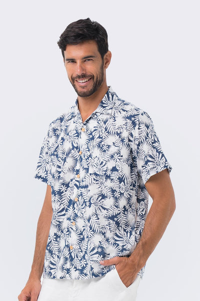Bali Tropical Shirt S/S Navy Tropical Leafs - By The Sea Bali