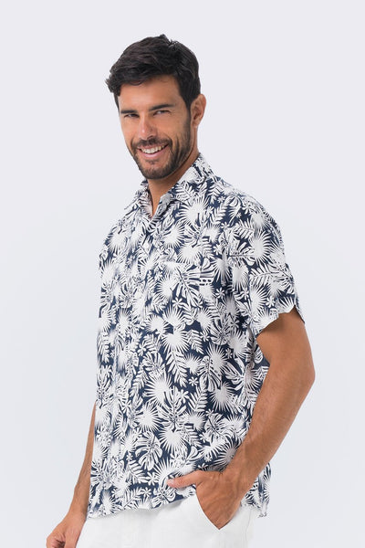 Maui Linen Shirt S/S Navy Tropical Leafs