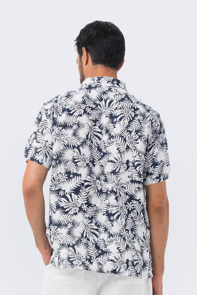 Maui Linen Shirt S/S Navy Tropical Leafs