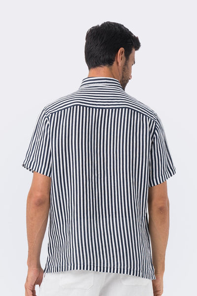 Maui Linen Shirt S/S Navy Vertical Line