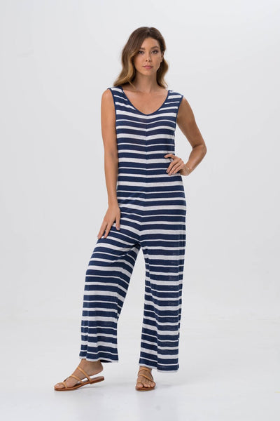 Sayulita Linen Jumpsuit Navy Striped