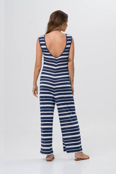 Sayulita Linen Jumpsuit Navy Striped