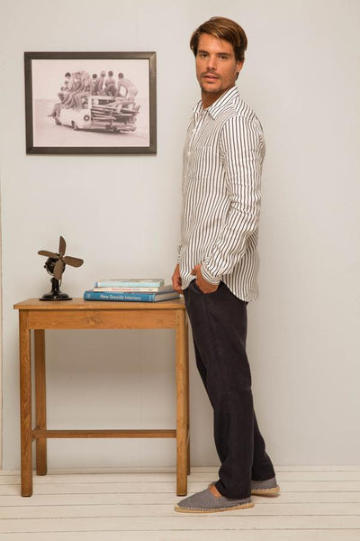 Syros Linen Slim Fit L/S Shirt Navy Strip