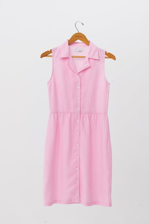 Ladies Linen Sleeveless Shirt Dress with Lapel Collar