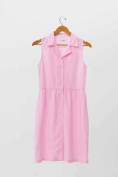 Ladies Linen Sleeveless Shirt Dress with Lapel Collar