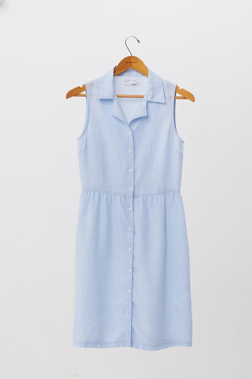 Lapel Linen Shirt Dress Blue