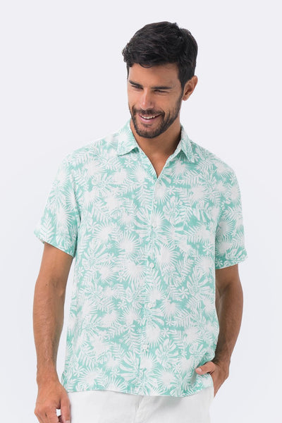 Maui Linen Shirt S/S Green Tropical Leafs