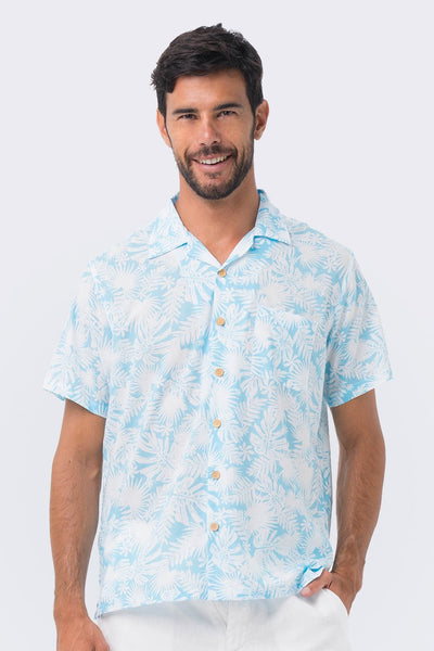 Bali Tropical Shirt S/S Blue Tropical Leafs - By The Sea Bali