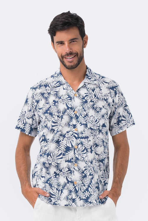 Bali Tropical Shirt S/S Navy Tropical Leafs - By The Sea Bali