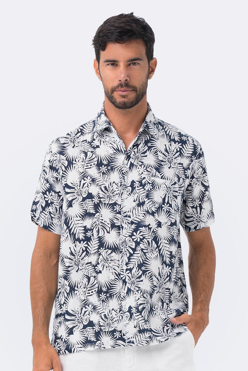 Maui Linen Shirt S/S Navy Tropical Leafs