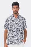 Maui Linen Shirt S/S Navy Tropical Leafs