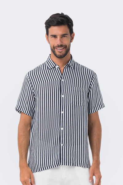 Maui Linen Shirt S/S Navy Vertical Line