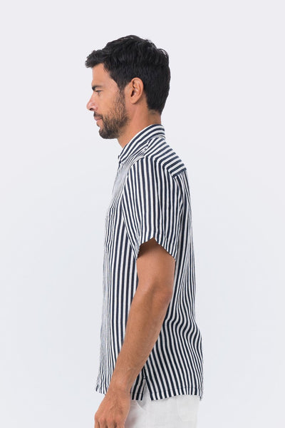 Maui Linen Shirt S/S Navy Vertical Line