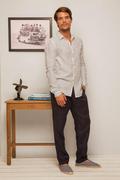 Syros Linen Slim Fit L/S Shirt Navy Strip