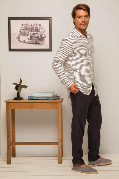 Syros Linen Slim Fit L/S Shirt Navy Strip